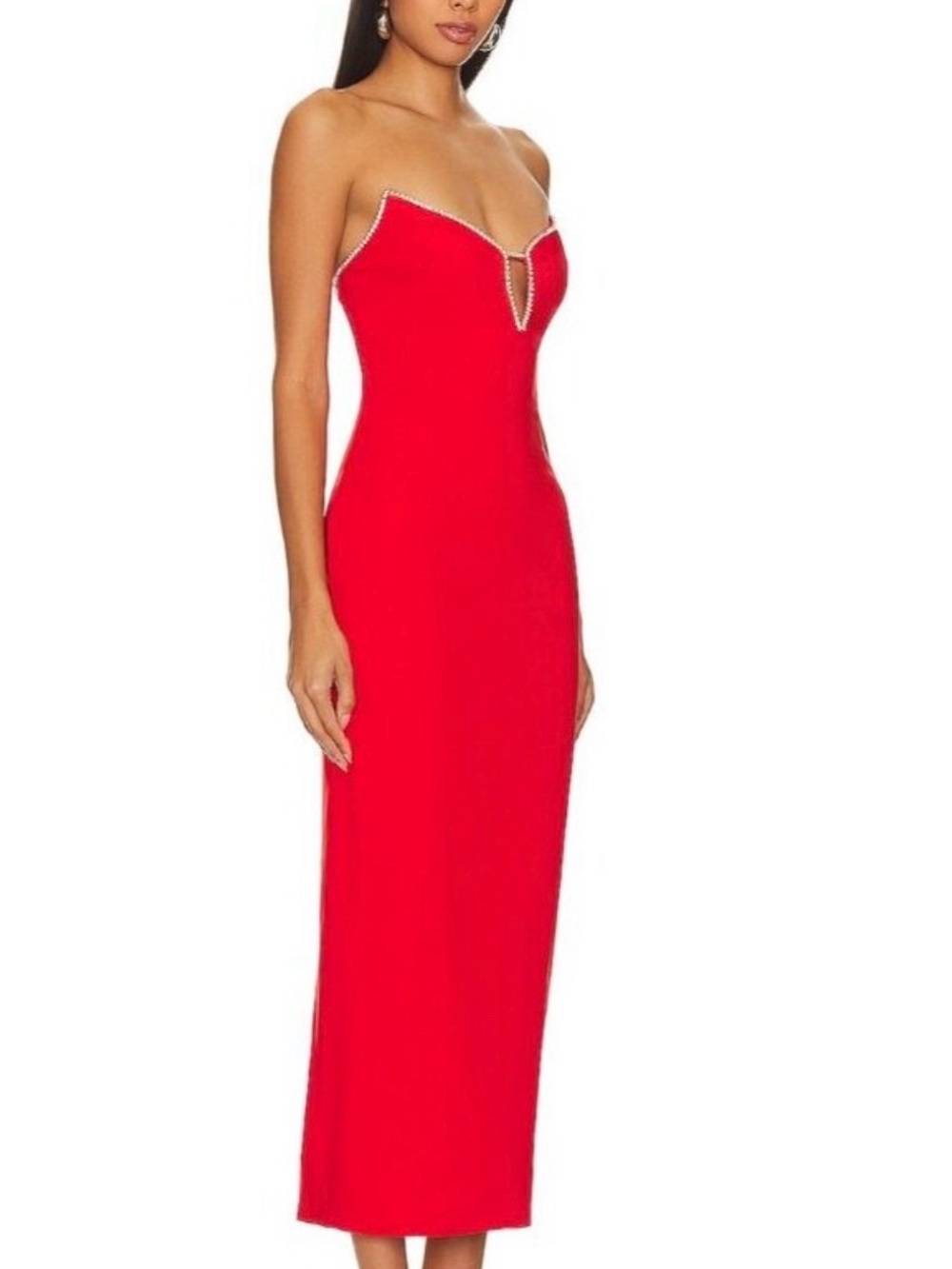 Strapless Red Rhinestone-Trim Column Dress - Picture 2 of 3
